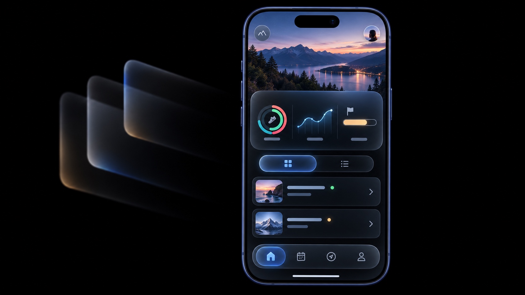 A polished native iOS dashboard on an iPhone with three fading cross-platform layers behind it