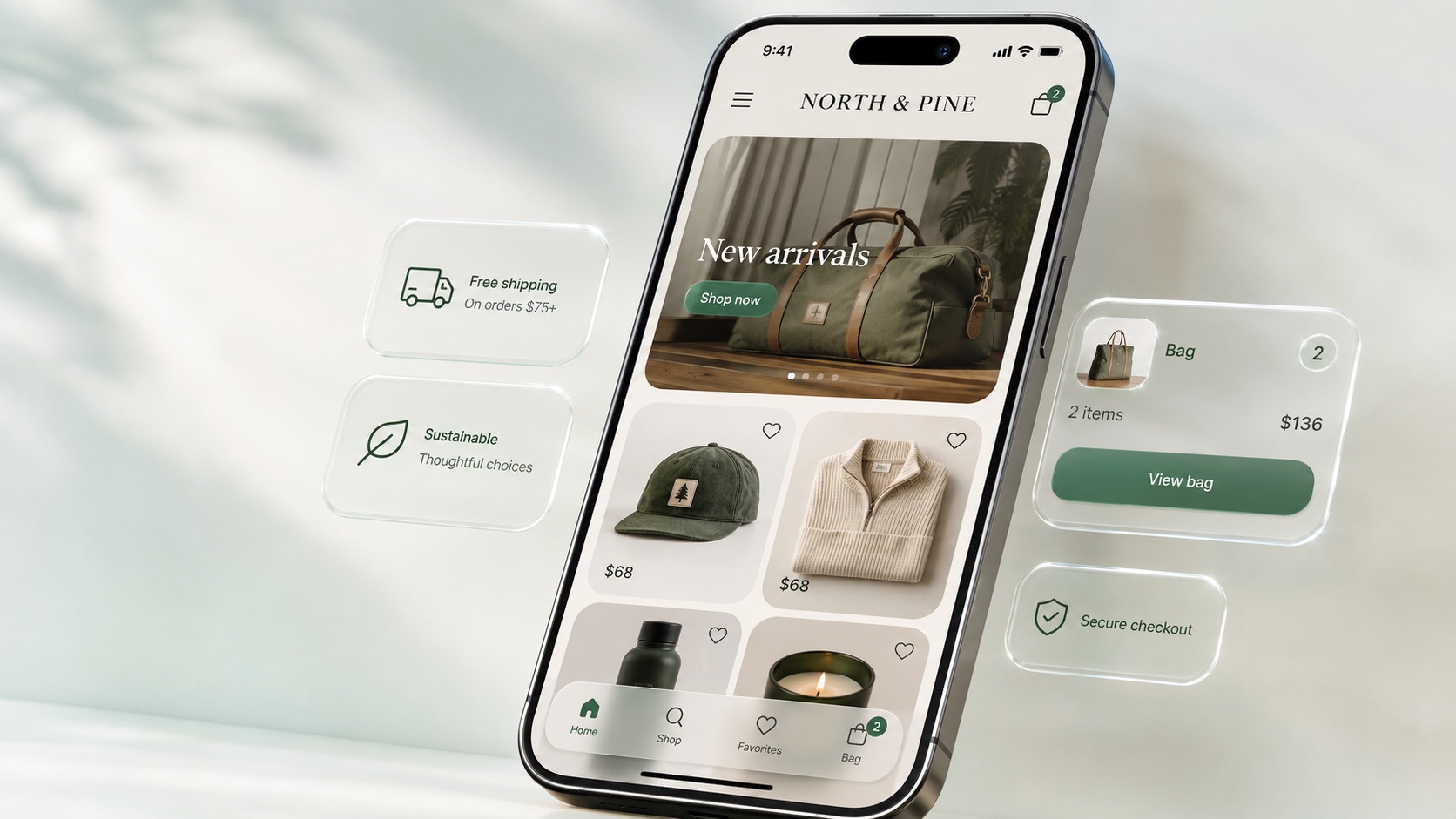 A native iOS storefront generated from a Shopify store: a branded home screen with new arrivals, a product grid, a bag with two items, and free-shipping and secure-checkout callouts